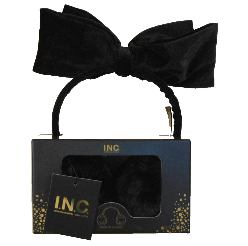 INC International Concepts Velvet Bow Faux Fur Earmuffs Black Gift Box NWT OS